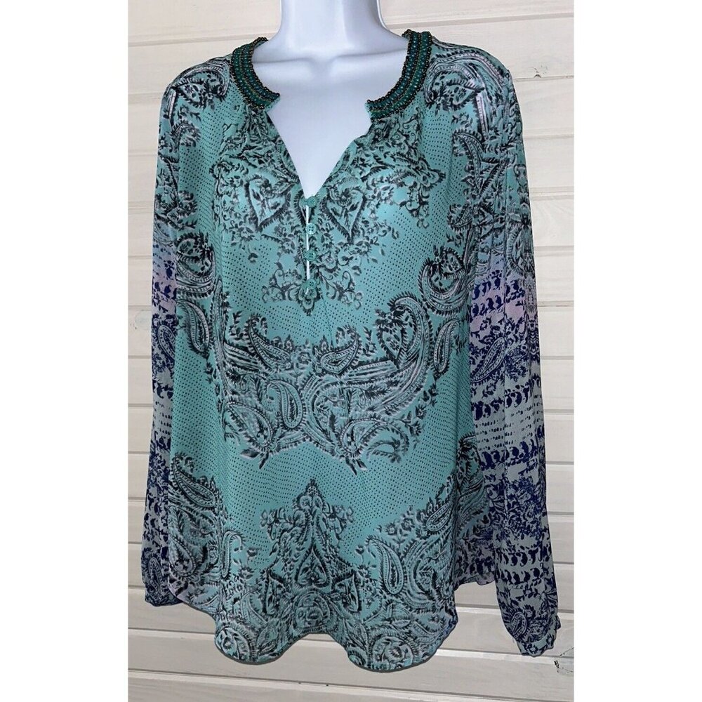 Hale Bob Sz SMALL Beaded Collar Geometric Print Blouse Top Aqua Blue Sheer EUC